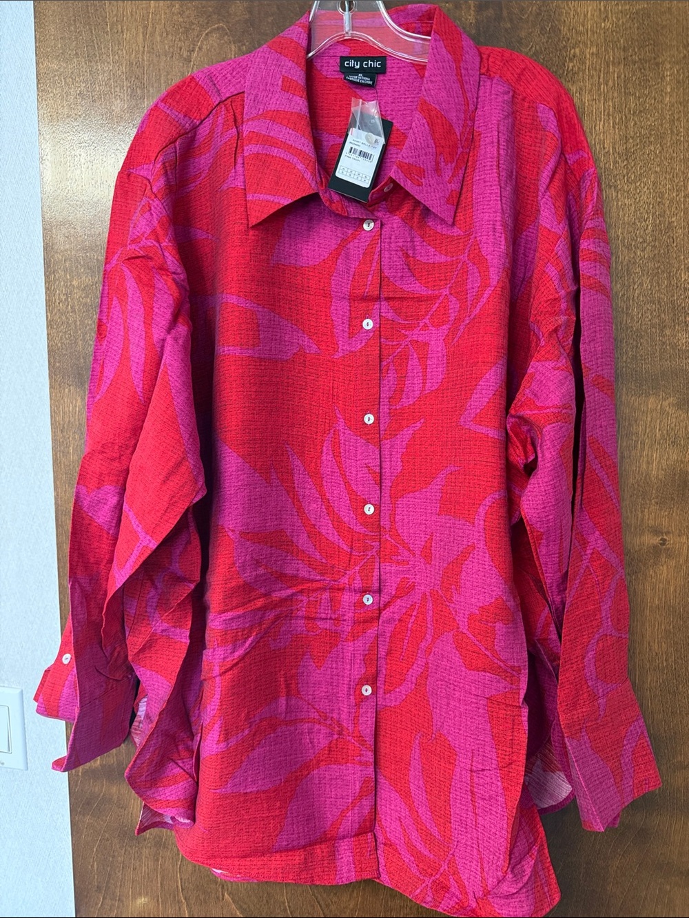 Brand new in package City Chic Red and Pink Oversized Leaf-Print Button Shirt